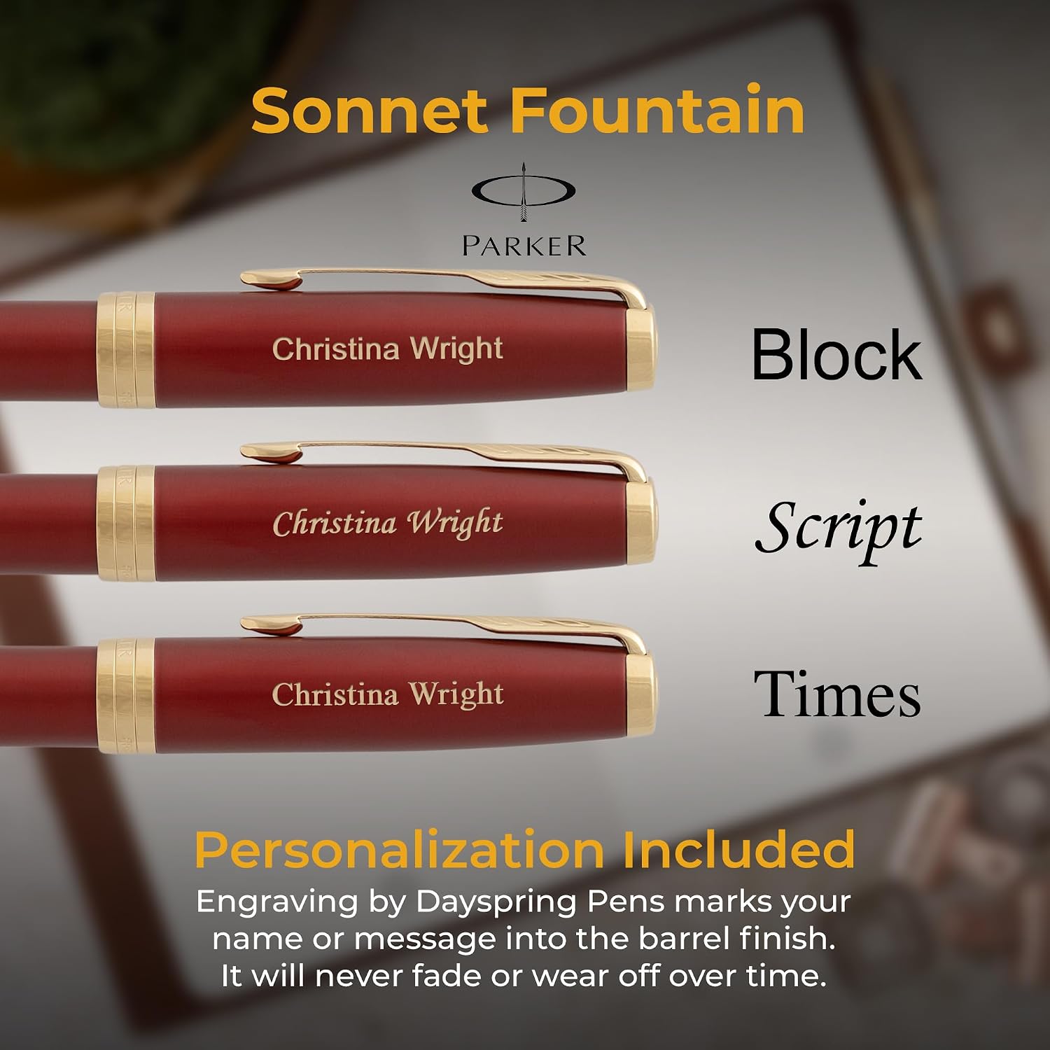 Parker Sonnet Engraved Fountain Pen, Red Lacquer with Gold Trim, Gold-Plated Nib, Personalized Gift for Executives, Retirement, Bar Passage, Medical School Graduation, Career Advancement, Gift Box