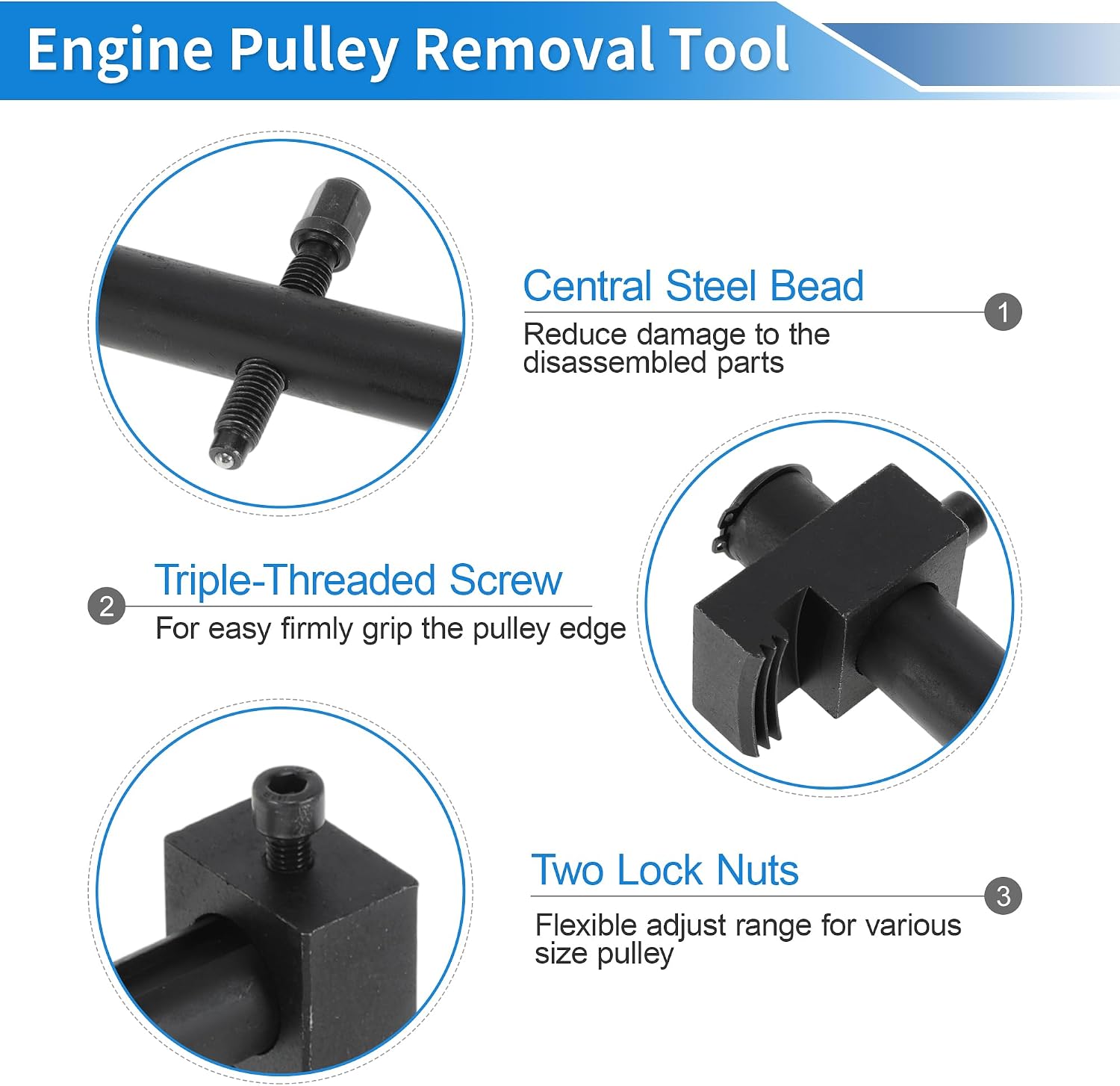 Adjustable Crankshaft Pulley Removal Tool 40mm-165mm, Universal Ribbed Auxiliary Drive Belt Pulley Remover Tool, Harmonic Balancer Puller for A/C Units Water & Power Steering Pumps