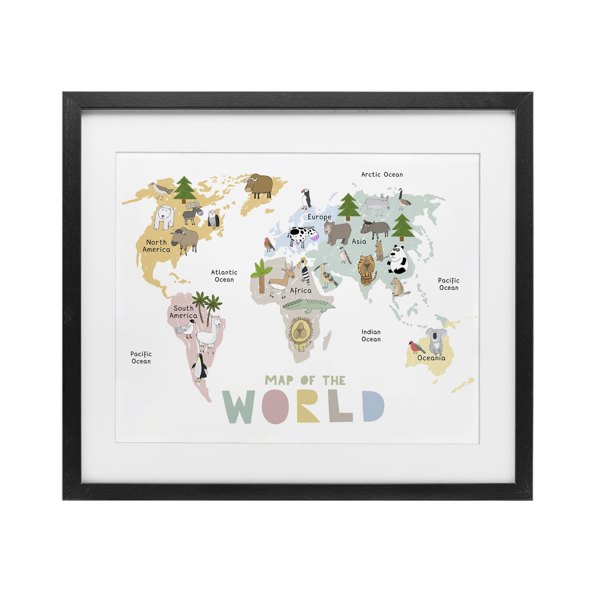 Carte du monde pastel animaux cadre noir enfant Stupell Industries