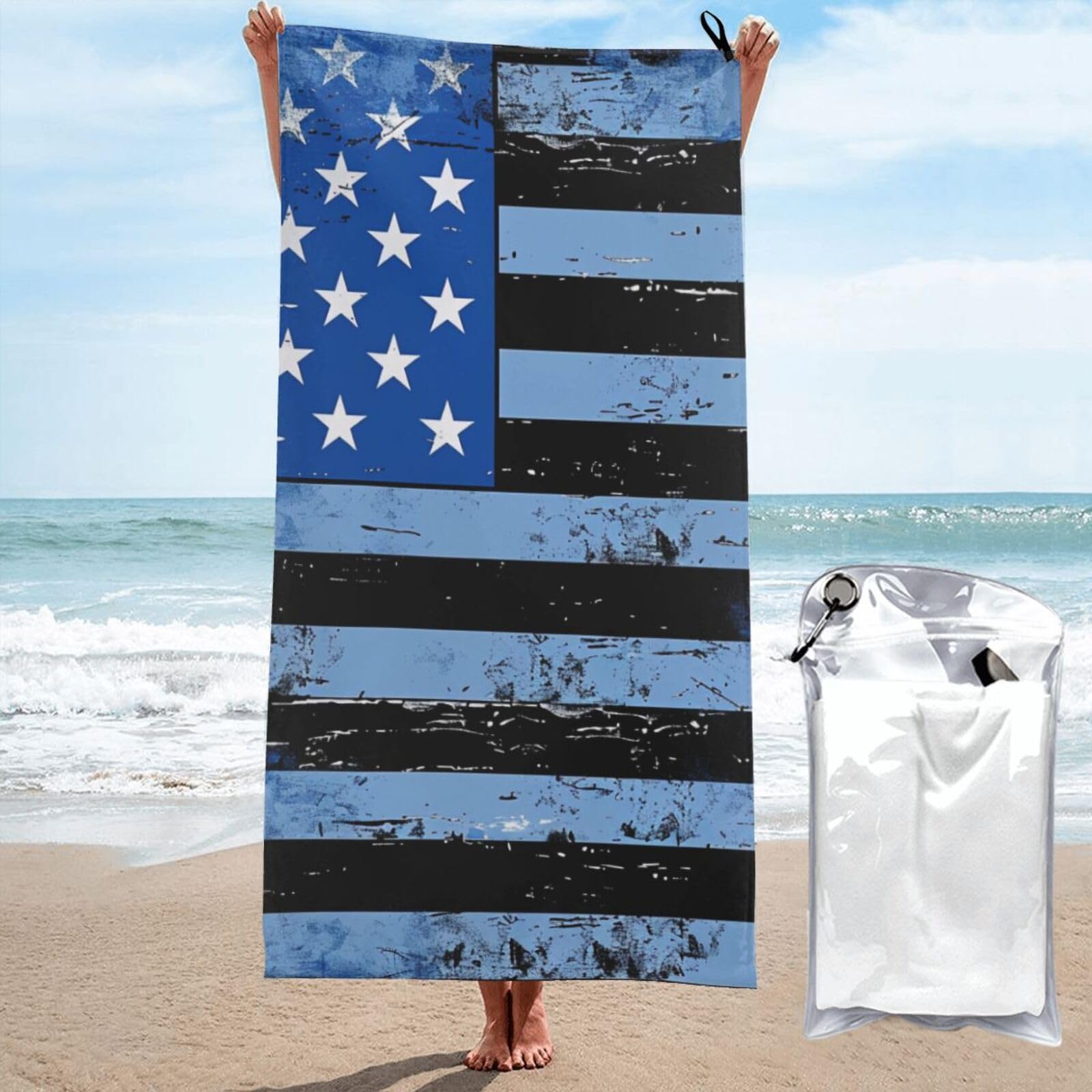 BWWHCCTI Retro Blue Thin Line Usa Flag Printed Microfiber Quick Dry Beach Towel 80x160 CM, Fast Drying Bath Towels with Bags for Travel,Camping,Gym,Beach,Swimming,Yoga