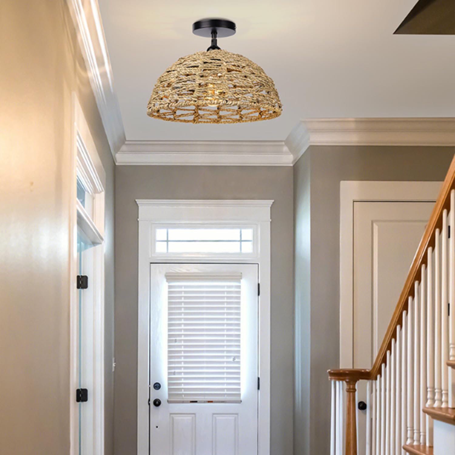 Lampada a Sospensione Industriale Vintage Paralume in rattan Lampadario rustico Illuminazione Interna E27 Lampada da soffitto per Soggiorno Camera da letto Sala da pranzo, Ø30cm