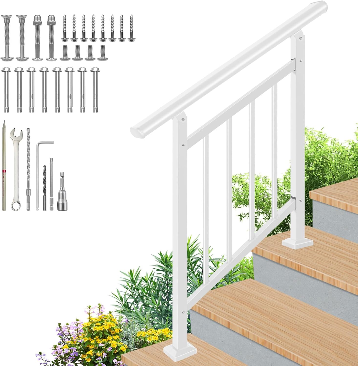 Upgrade 2 in 1 Stair Handrail&Horizontal Railing, Adjustable 3 Step Stair Railing Kit, White Wrought Iron Handrails for Outdoor Steps,Concrete,Wood, Deck and Porch Hand Rails, with Installation Kits