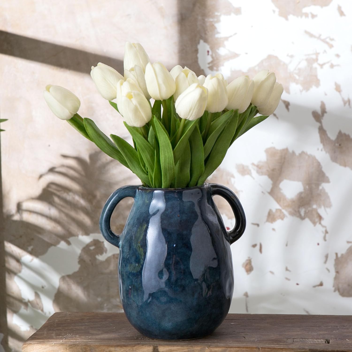 Blue Ceramic Vase with 2 Handles for Modern Farmhouse Home Decor, Vintage Rustic Decorative Vases, Small Vase for Fresh and Dried Flowers, Centerpiece Table Decorations, 7 Inch - Image 5