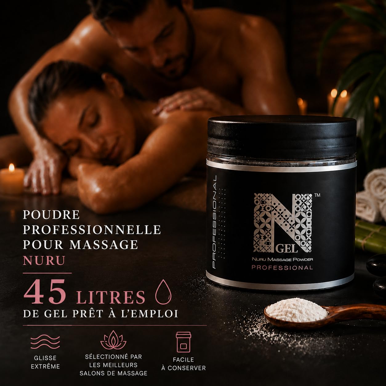 Gel de Massage Nuru en Poudre – NGel Nuru Massage Powder Professional 450g – Jusqu’à 45L de Gel – Body-to-Body – Made in EU – Sans Parfum – Algues Nori et Aloe Vera