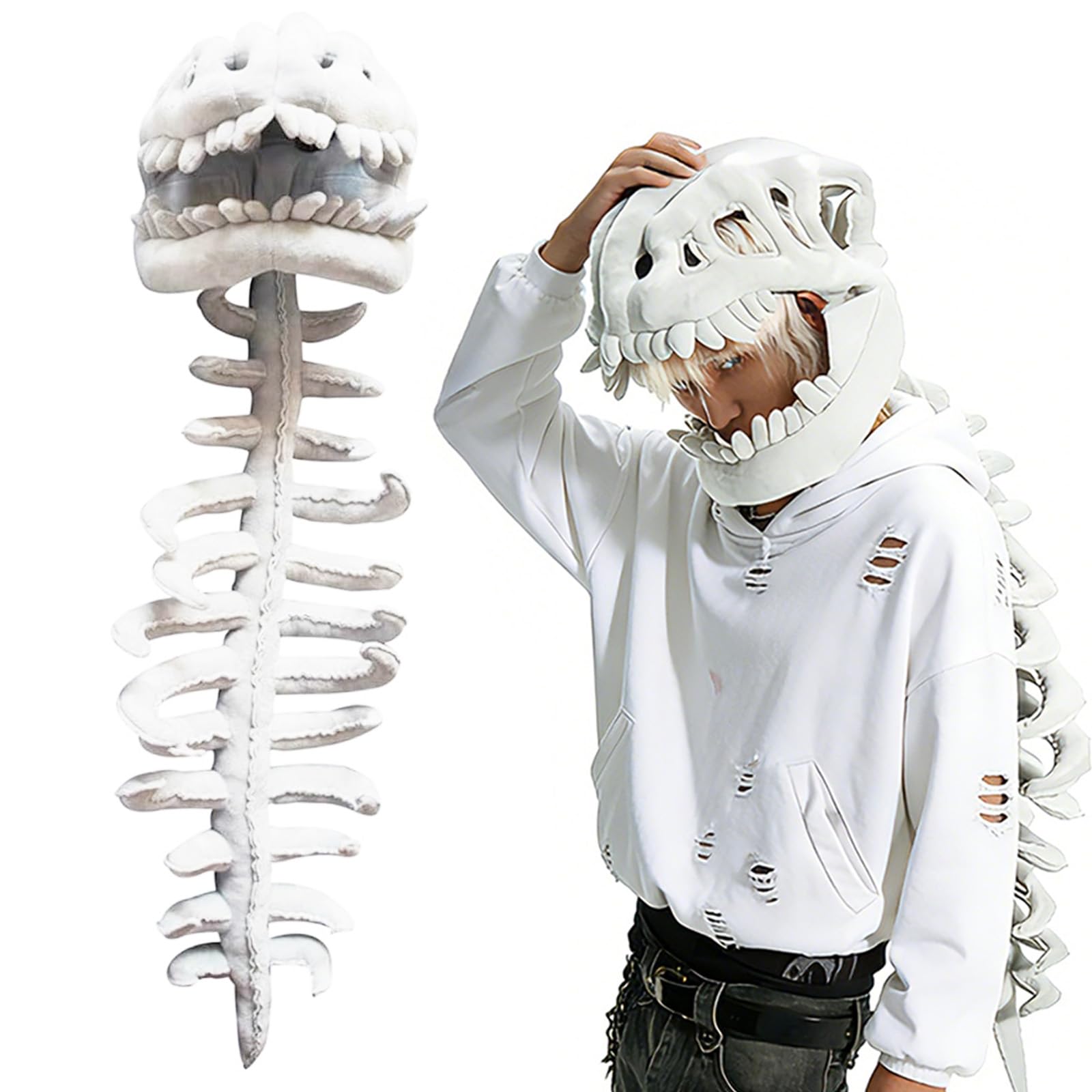 ZZXIAOJIE Dinosaur Skeleton Costume Realistic Dino Plush Skeleton Mask Spine 3D Spinosaurus Plush Dino Costume Adult (White, 120cm)
