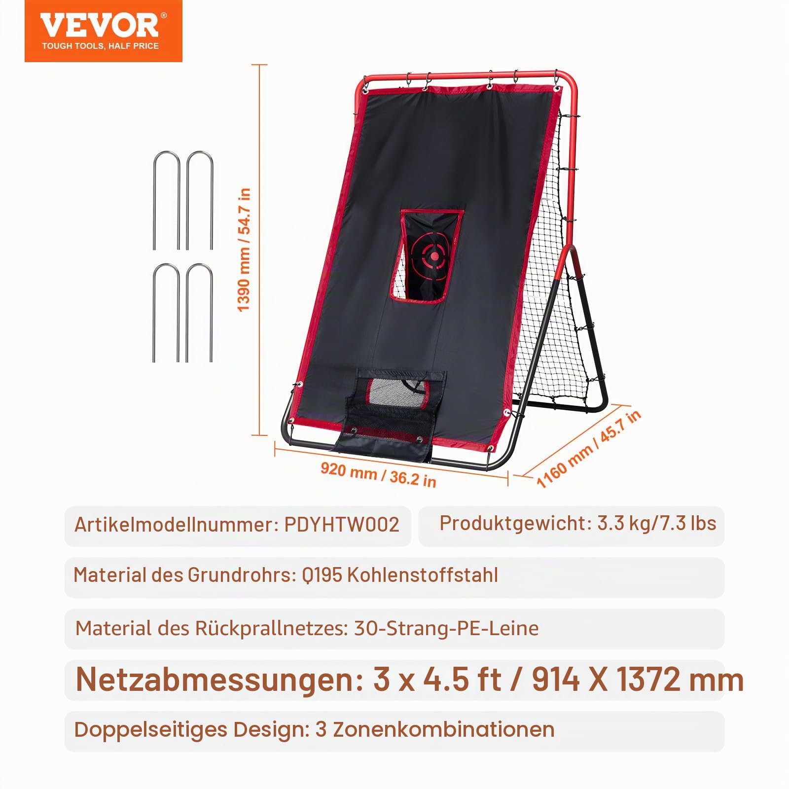 VEVOR Baseball- und Softball-Rebounder-Netz, 3,5 x 4,5 Fuß 2-in-1 Switch Hitter Pitch Trainer, PitchBack Baseball Pitching Return Trainer Nest, Bounce Back Net für Feld-/Wurfübungen