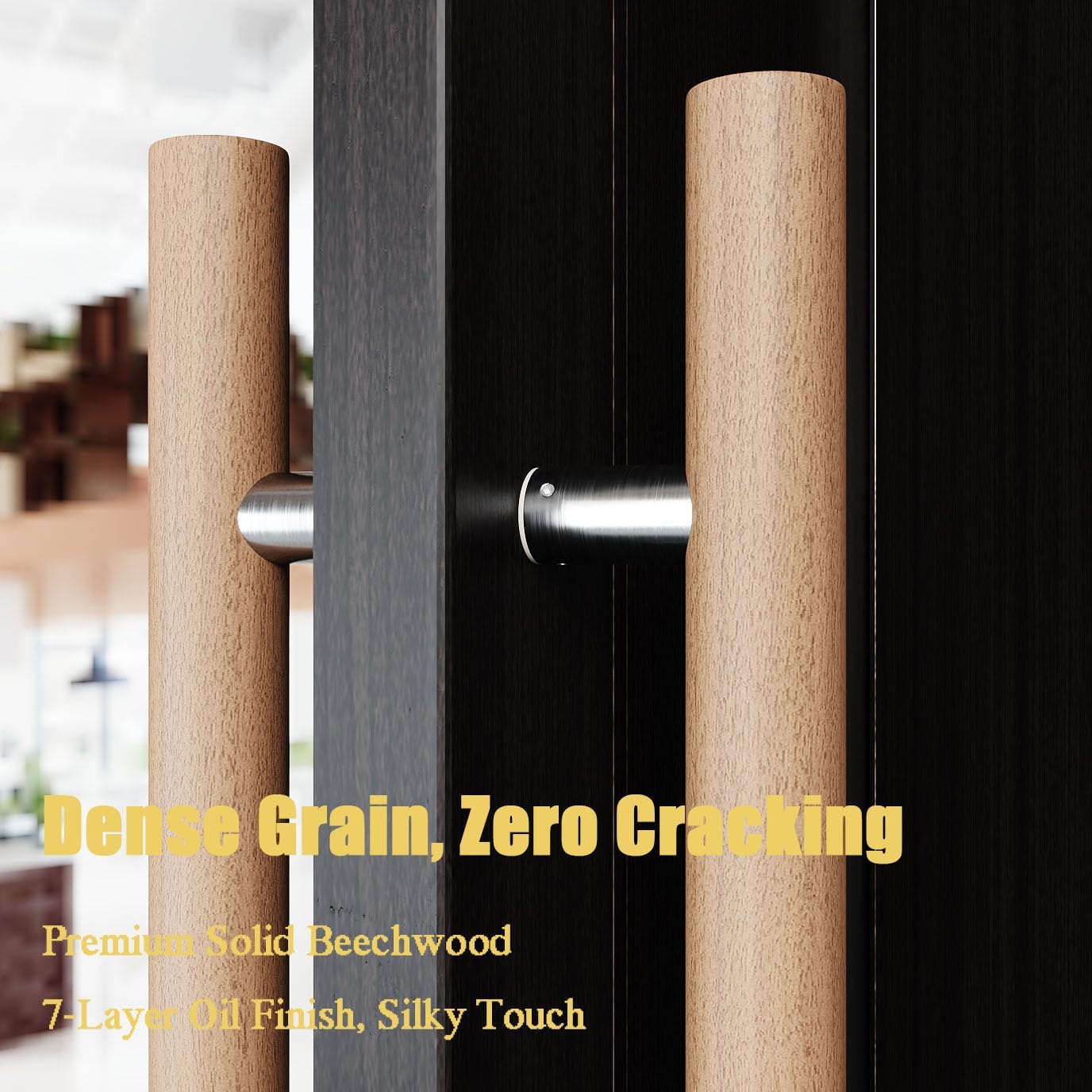 Glass Door Handle 304 Solid Connector, Wood Handle For Sauna Room, Double Sided Push Pull Handle Beech Wood Door Pull, H Shape Door Handle Bar (Wood color(Straight connector), Length 12 inch)