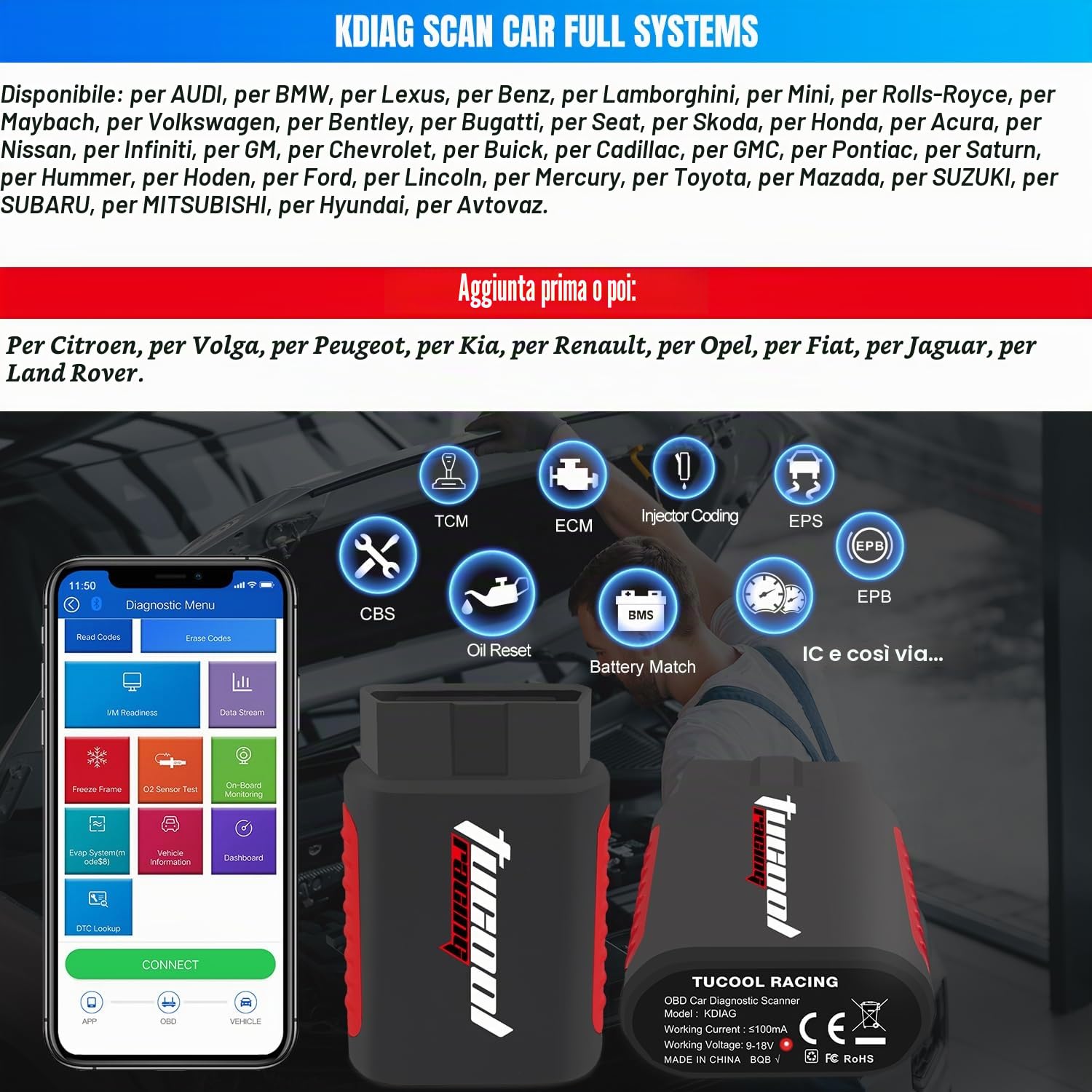 KDIAG OBD2 Scanner Diagnostic Tool, Car Code Reader for iOS & Android, Full System Auto Scanner Reset SAS EPB Service ECU Programmer Oil Reset Battery Match Wireless Check