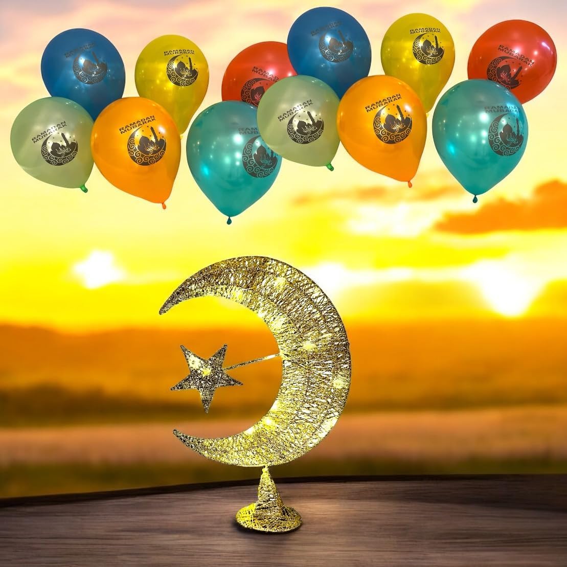 Eid Moon Star Table Lamp & Balloons Set - Metal Glitter-Clad LED Light, Battery-Powered 14" Festive Bedside/Desktop Décor + 12 Eid Mubarak Balloons (Gold Eid Gift)