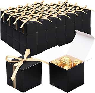 EUSOAR Black Favor Boxes, 120pcs 3x3x3 Inches Small Gift Boxes Mini Bakery Cookies Candy Box with Gold Ribbon, Square Paper Chocolate Containers for Wedding Birthday Bridal Party Favor Decoration