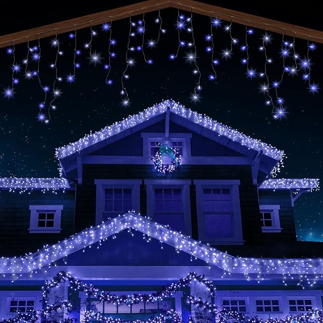ANSIO® Outdoor Christmas Lights 220 LED 7.5m/24ft Icicle Lights Outdoor & Indoor Blue & Cool White Decorations String Fairy Outside Lights with Timer for Xmas Garden Bedroom & Party |Mains Green Cable
