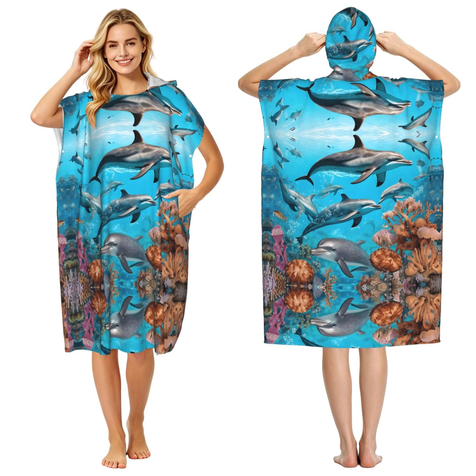 EZDLOWVBA Dolphins Sea Turtle Octopus Coral Reef Print Hooded Poncho Microfiber Beach Towel,Adult Women & Men Changing Robe,Lightweight Summer Surf Swim Bath Poncho Towel