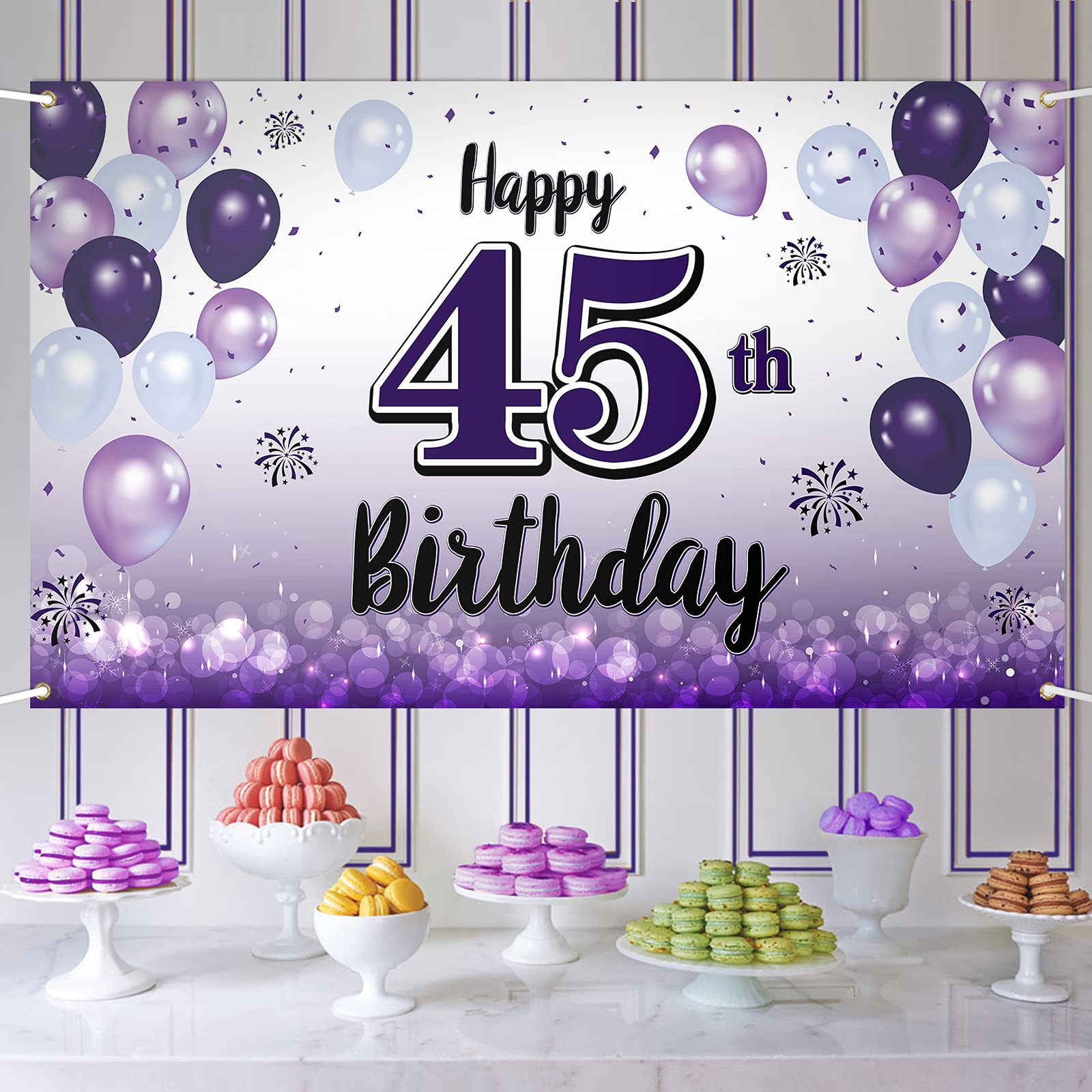 45th Birthday Party Decorations Kit - Purple Theme With Number 45 Balloon, Banner & Confetti Balloons