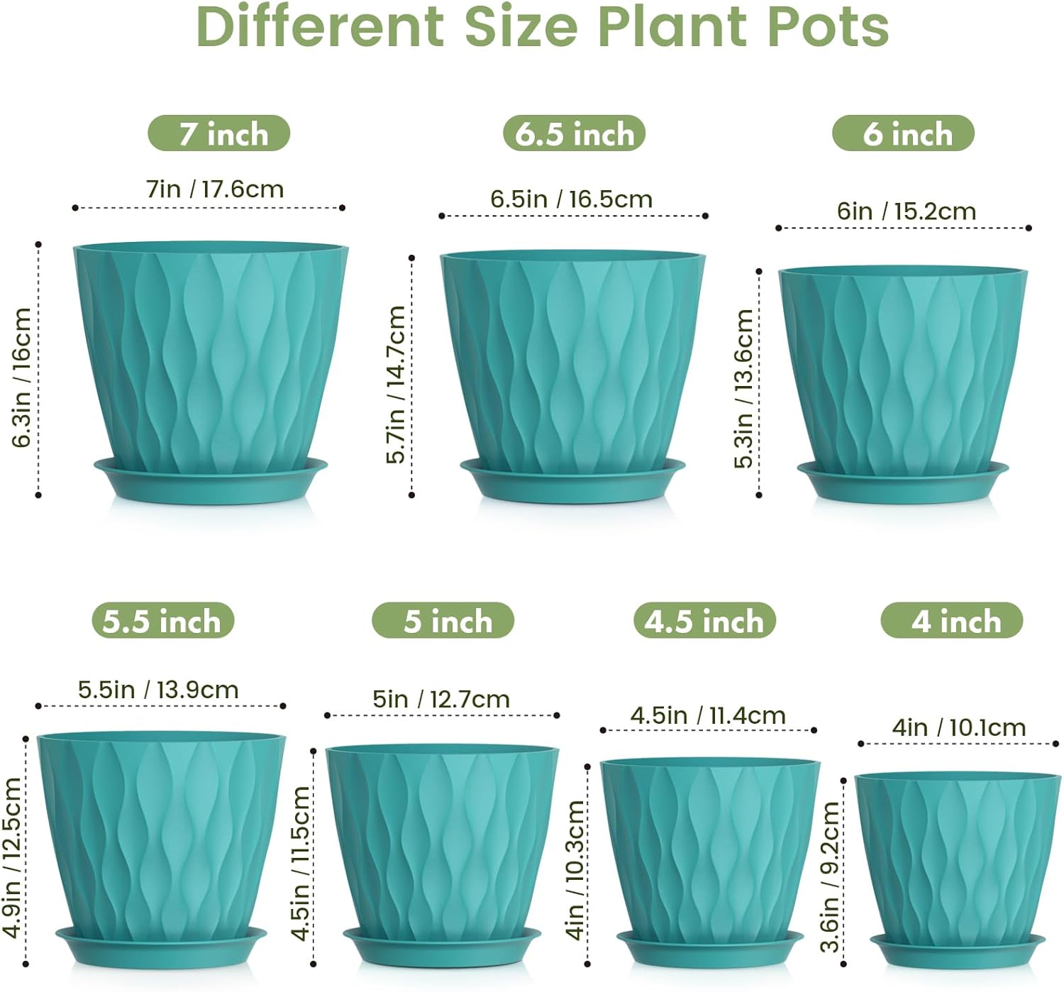 Meowell 7/6.5/6/5.5/5/4.5/4 inch Plant Pots for Indoor Outdoor Plants, 7 Pack Thick Flower Pots with Drainage Holes and Saucers, Modern Wave Texture Small Plastic Planters Nursery Pots, Blue Green
