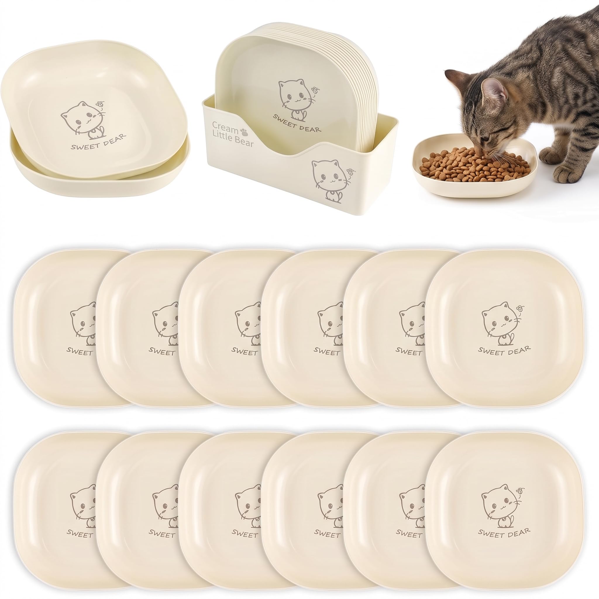 12 Pack Cat Bowls, Whisker Friendly Cat Dishes with Storage Cats Food Bowls