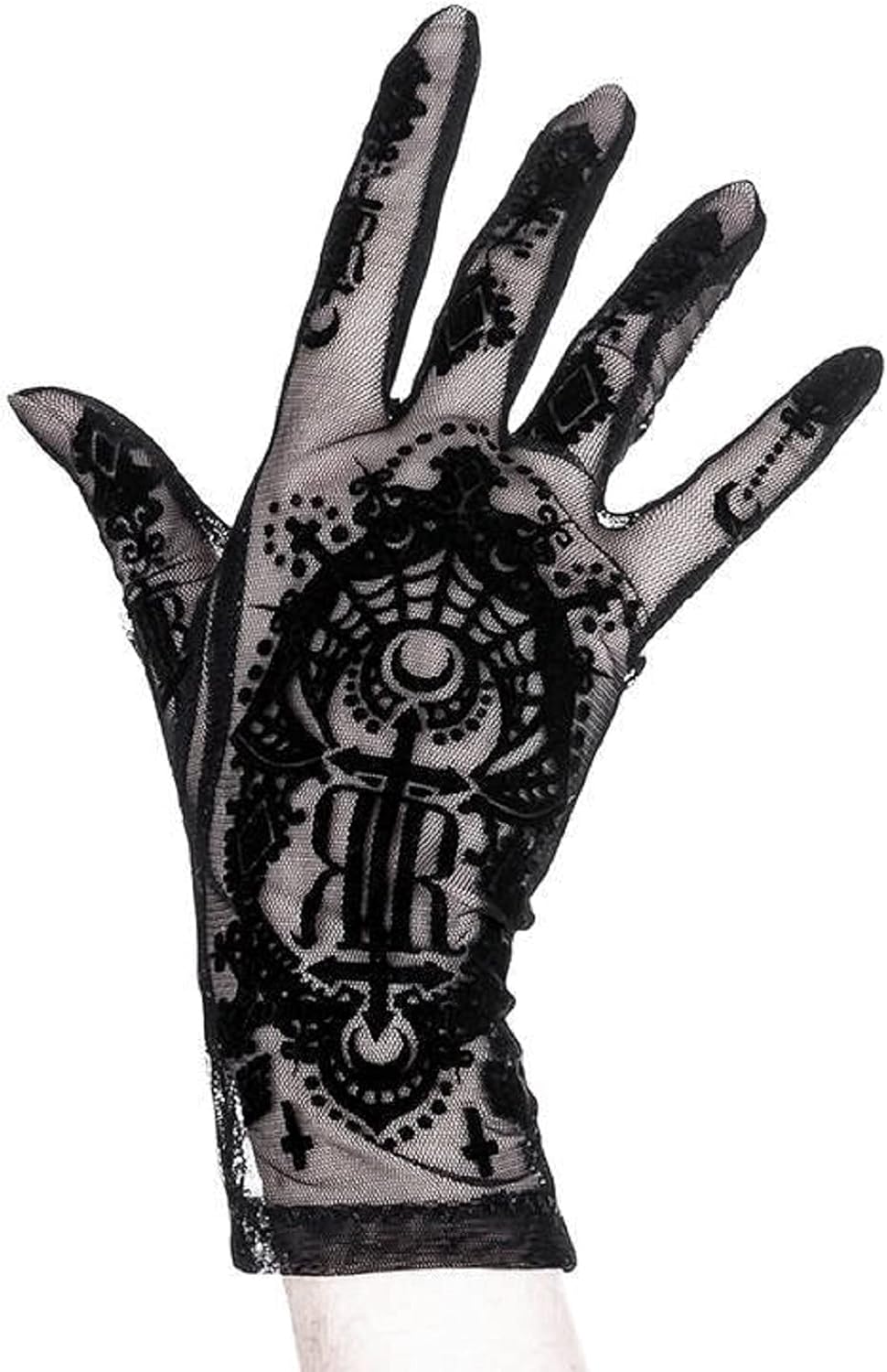 Womens Gloves Saint Goth Occult Lolita Emo Steampunk Accessories, Gothic Black Mesh Gloves with Velvet Pattern