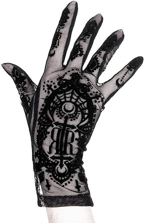 Womens Gloves Saint Goth Occult Lolita Emo Steampunk Accessories, Gothic Black Mesh Gloves with Velvet Pattern