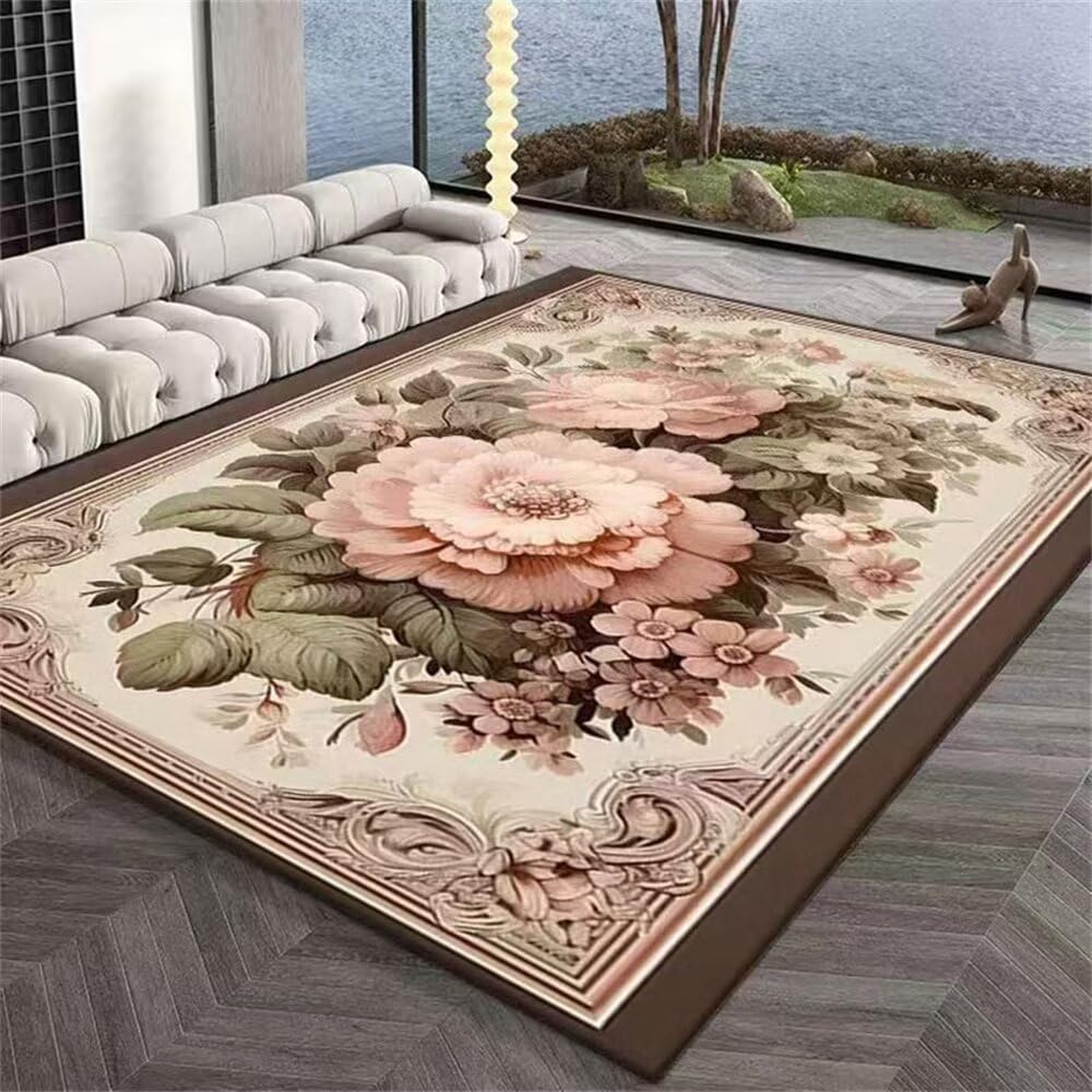 Vintage kwiatowy dywanik 120 x 190 cm miękki różowy dywan do sypialni dla dziewcząt wystrój salonu przytulne akcesoria domowe eleganckie wyposażenie domu elegancka stylizacja pokoju
