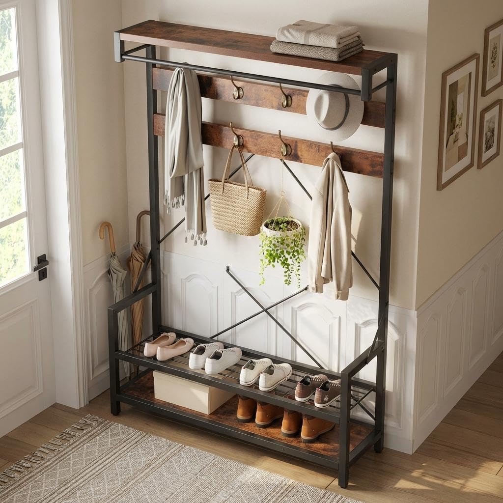 Scaffale Ingresso Con Gancio E Panchina, Mobile Contenitore Moderno In Legno Con 5 Ripiani Per Soggiorno Camera Da Letto, 183 cm H x 101.6 cm L
