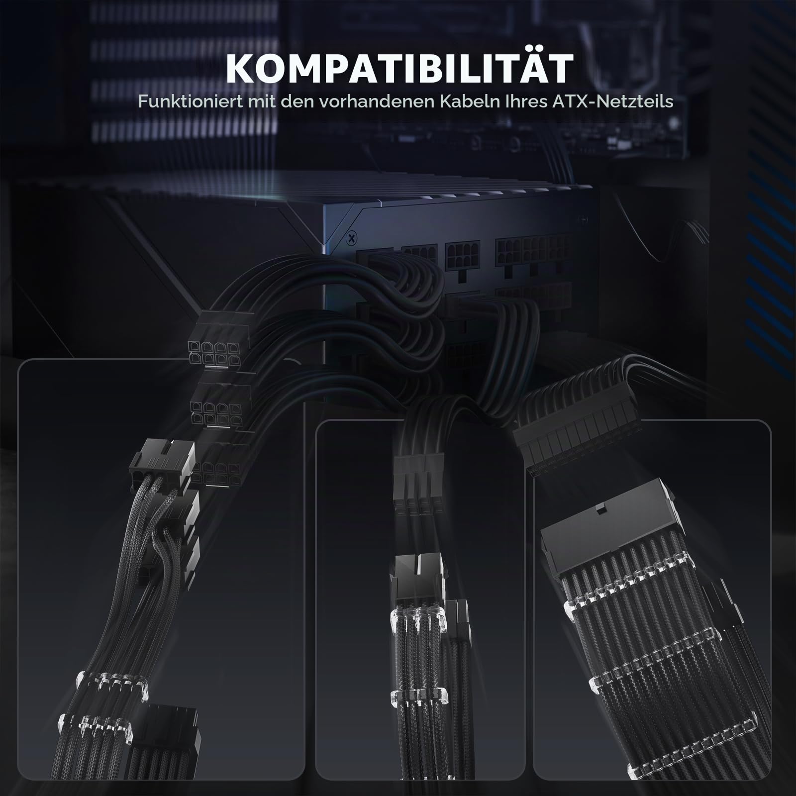 AsiaHorse PCIE 5.0 12VHPWR Sleeved Cable Kit, 16AWG PSU Kabelverlängerung, PC Netzteil Sleeved Kable, 24PIN-ATX/(4+4) PIN-CPU/(12+4) PIN-GPU Extension Cable, 30CM, Schwarz