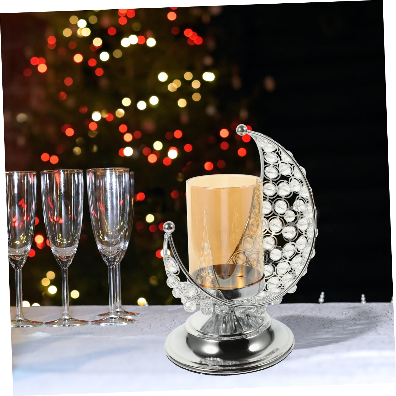 Cabilock Mondförmiger Metall Kerzenhalter aus Eisen und Glas Praktischer Kerzenständer für Stabkerzen Silberfarbene Dekoration für Restaurant und Riegel