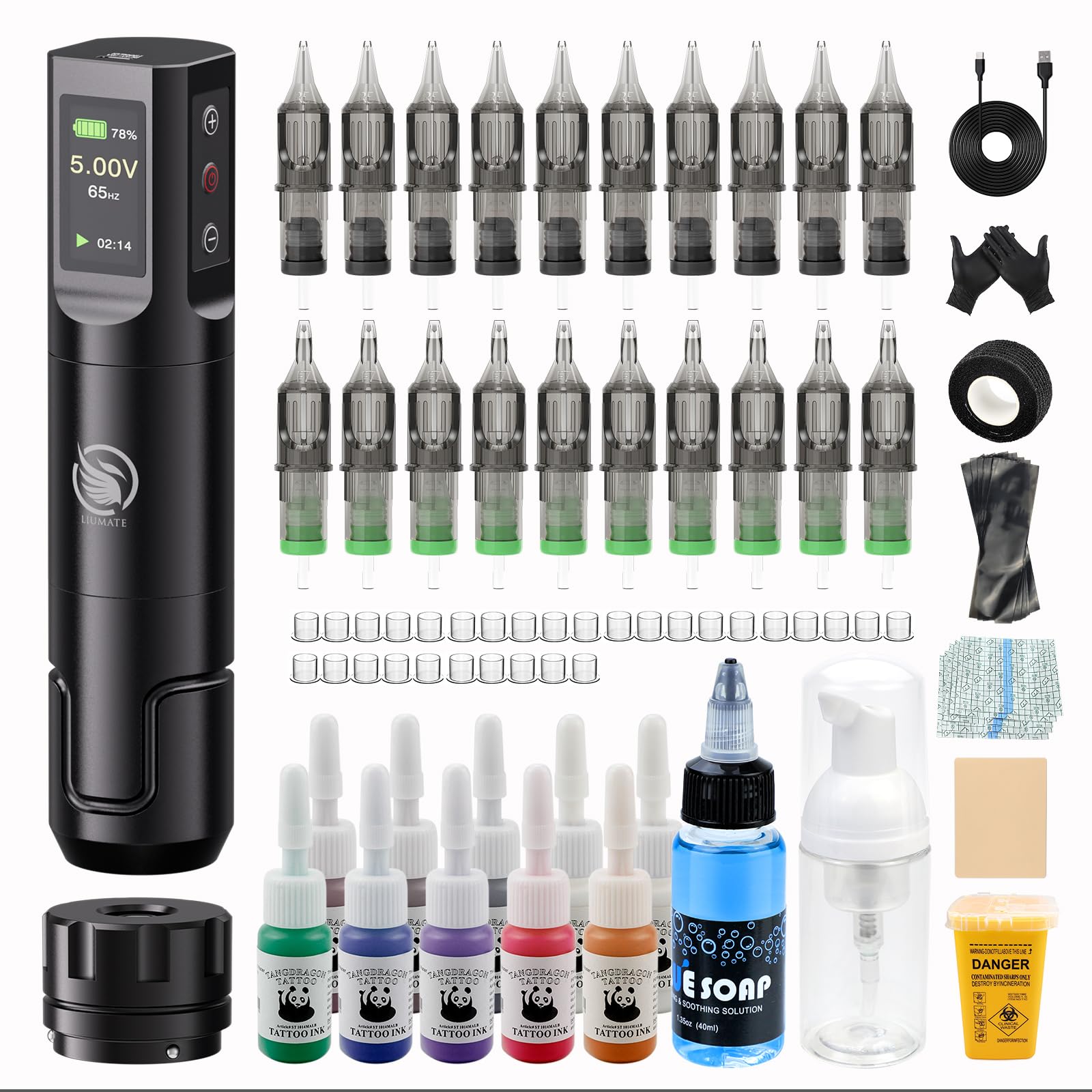 Máquina de Rotativa Kit Inalámbrica con Batería 1600mAh, Pantalla LCD, Conexión RCA, Máquina de Bolígrafo Inalámbrica con 20 Agujas 10 Tintas para Principiantes y Artistas LIUMATE