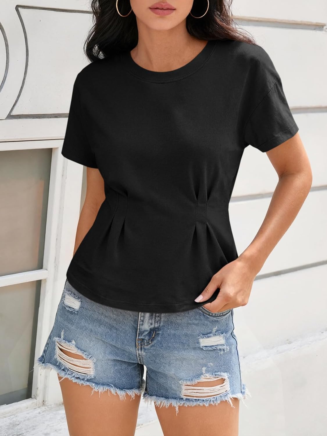 Tankaneo Womens Peplum Tops Babydoll Summer Short Sleeve Pleated T-Shirts Casual Loose Fit Flowy Workout Tshirts - Image 3