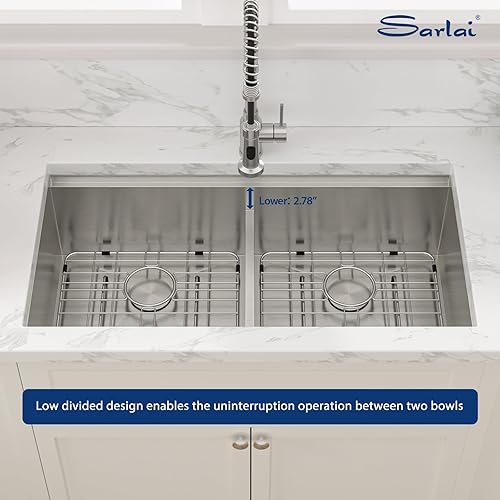 Vista 33 de Sarlai Fregadero doble de 33 piezas para empotrar - Fregadero de cocina de 33 x 19 pulgadas, acero inoxidable de calibre 16, esquina redonda, doble