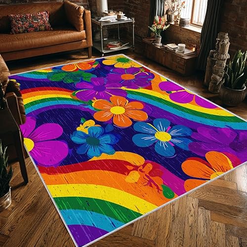 Miniatura 7 de 70's Rugs for Living Room Washable Large 6x9 Area Rugs with Rianbow Floral Daisy Retro Print, Ultra Thin Soft Bedroom Rug, 70's Home Decor Indoor