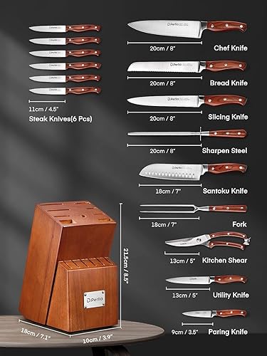 Miniatura 2 de Juego de cuchillos con bloque, juego de 16 cuchillos de cocina de acero inoxidable con afilador y bloque de madera, juego de bloques de cuchillos