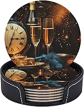 6Pcs PU Leather Coaster for Drinks, Countdown Champagne Cup Coasters with Holder, Aesthetic Drink Coasters for Coffee Table, Round Coaster for Tabletop Protection 4" Cup Mat Pad