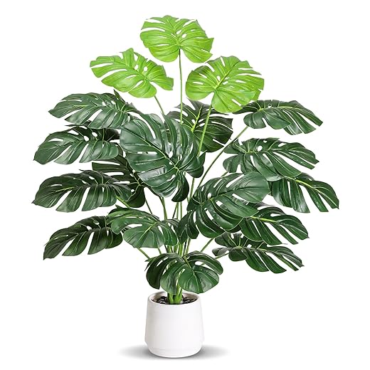 28'' Fake Plants Large Artificial Monstera Faux Plants Indoor Tall Plant, with White Planter Ideal, for Home Living Rooms, Patios, Porches, Bathrooms, and Outdoor Decor