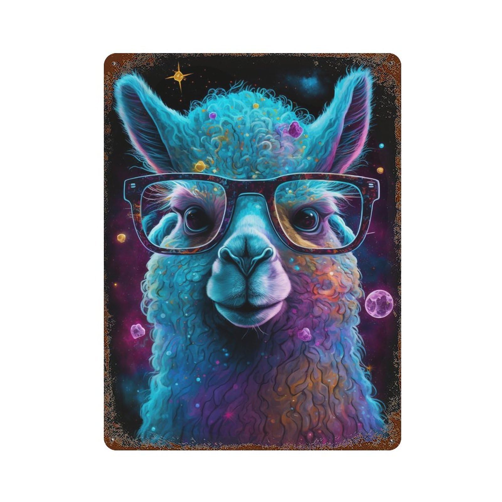 Cosmic Llama Glasses Art Print-2 Rusty Metal Tin Sign 15.7"x11.8", for Pub, Kitchen And Man Cave Decor, Novelty Wall Decor