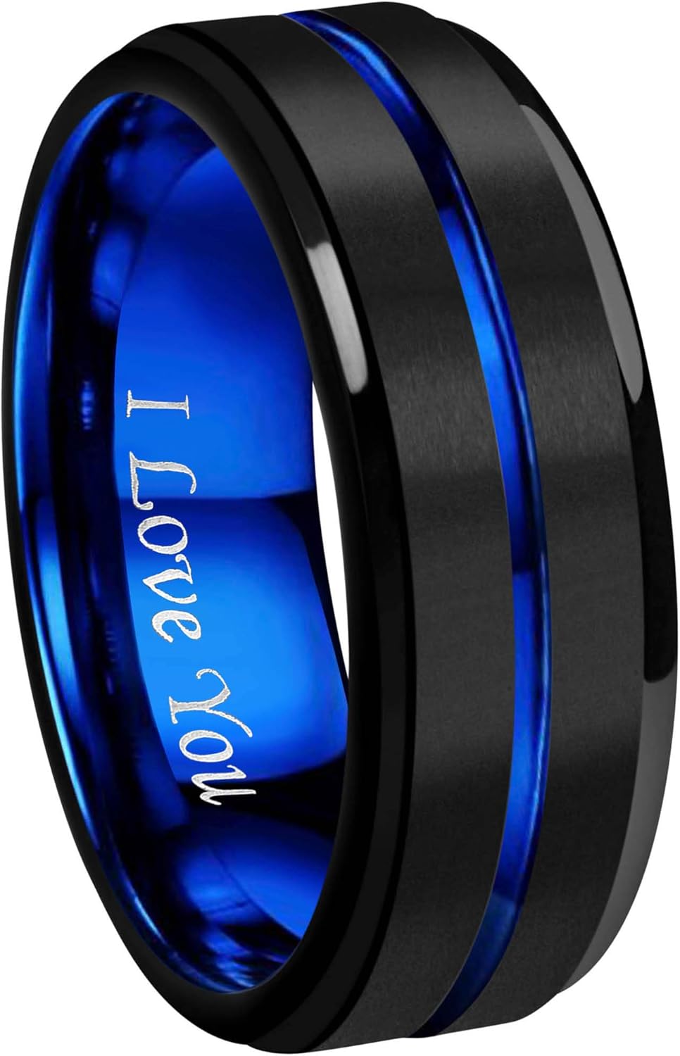 CROWNAL 6mm/8mm Tungsten Carbide Wedding Rings Men Women Blue/Rose Gold Line Ring Black and Silver Brushed Engraved I Love You Comfort Fit Size 4 To 16