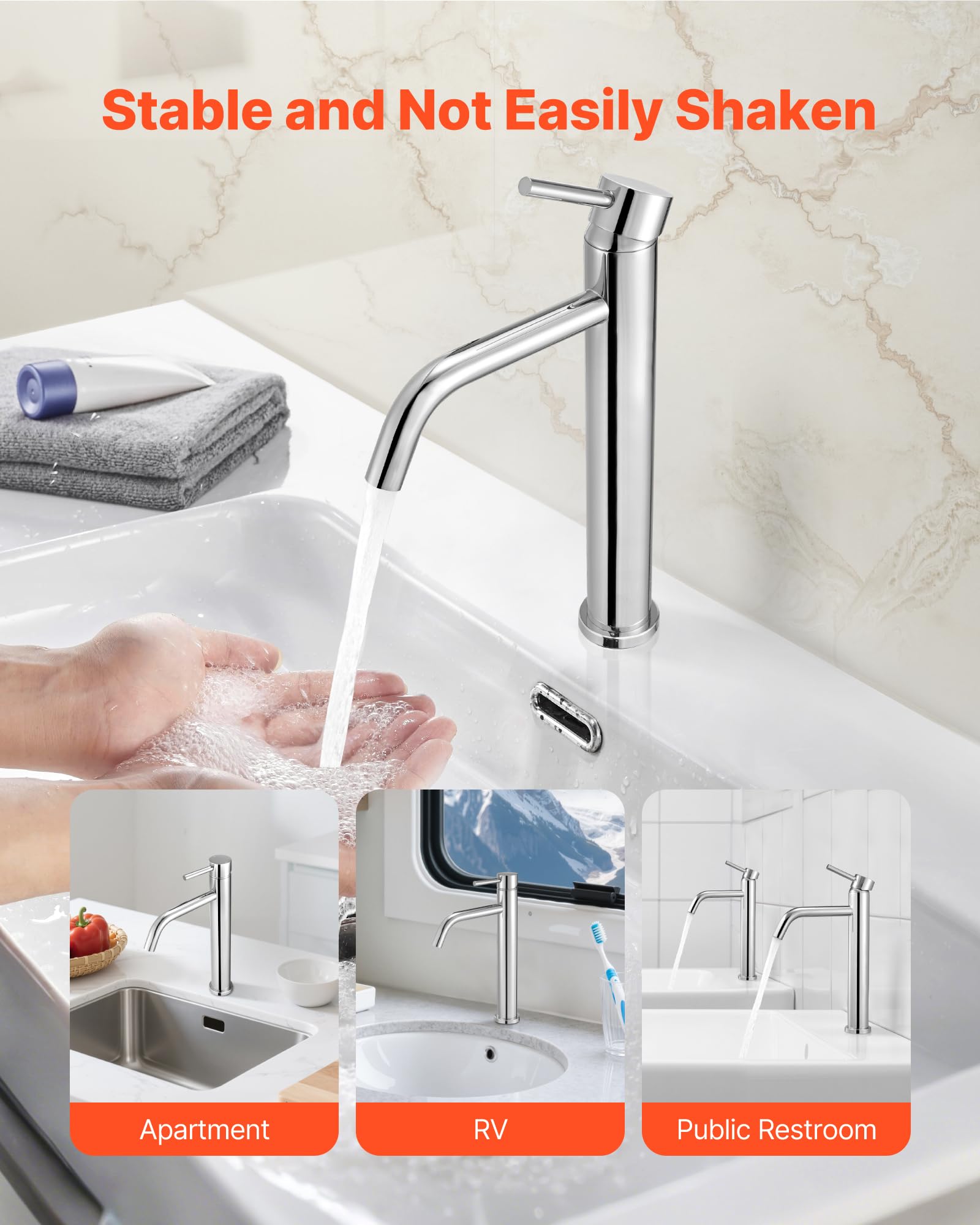 VEVOR Einhebelspültischarmatur, verchromter silberner Wasserhahn für Küchenspüle, Küchenwasserarmatur mit Druckknopfablauf, geeignet für Badezimmer Wohnmobil, Bar, Wasserhahn mit hohem Bogen