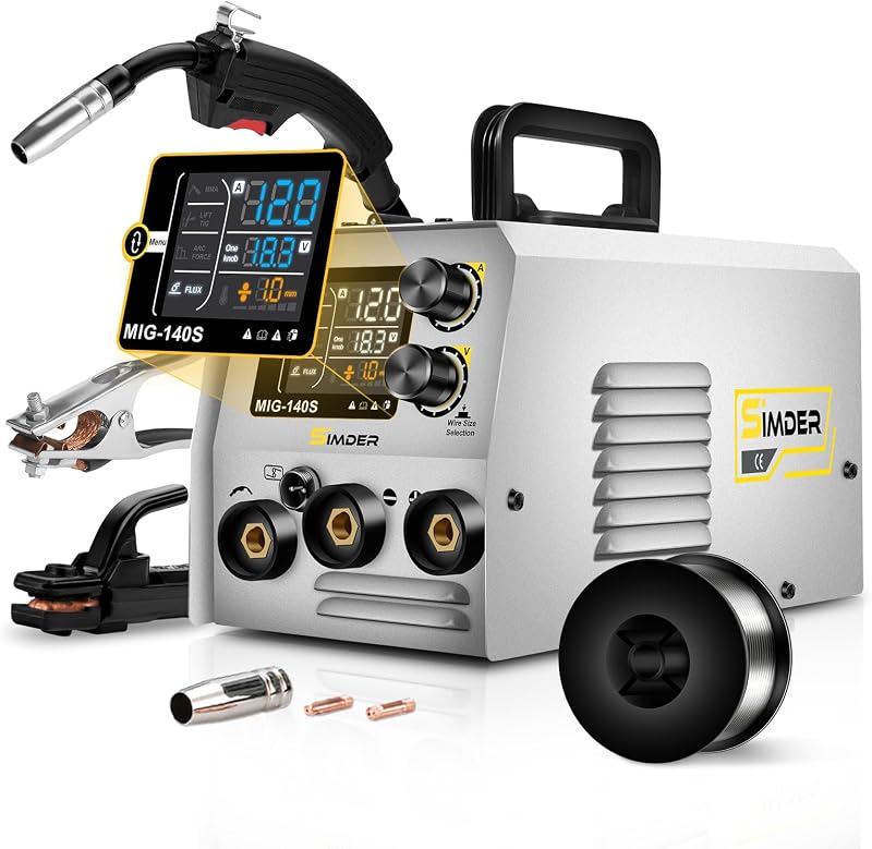 SSimder 140A MIG Welder 3 in 1, Dual Voltage Flux Core Lift TIG Stick | Auto Repair, Farm Fence, Home DIY, Garage Projects, Zero HF Interference, Synergic Control, 0.5lbs Wire Included