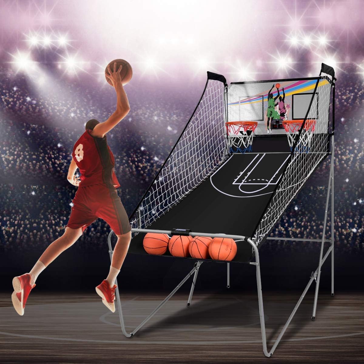 FANTASK 8 in 1 Basketballmaschine, elektrischer Basketballständer faltbar, Luftpumpe & 8 Spielmodi, Schießmaschine mit 4 Bällen, Arcade Basketball Kinderspiele, Grau