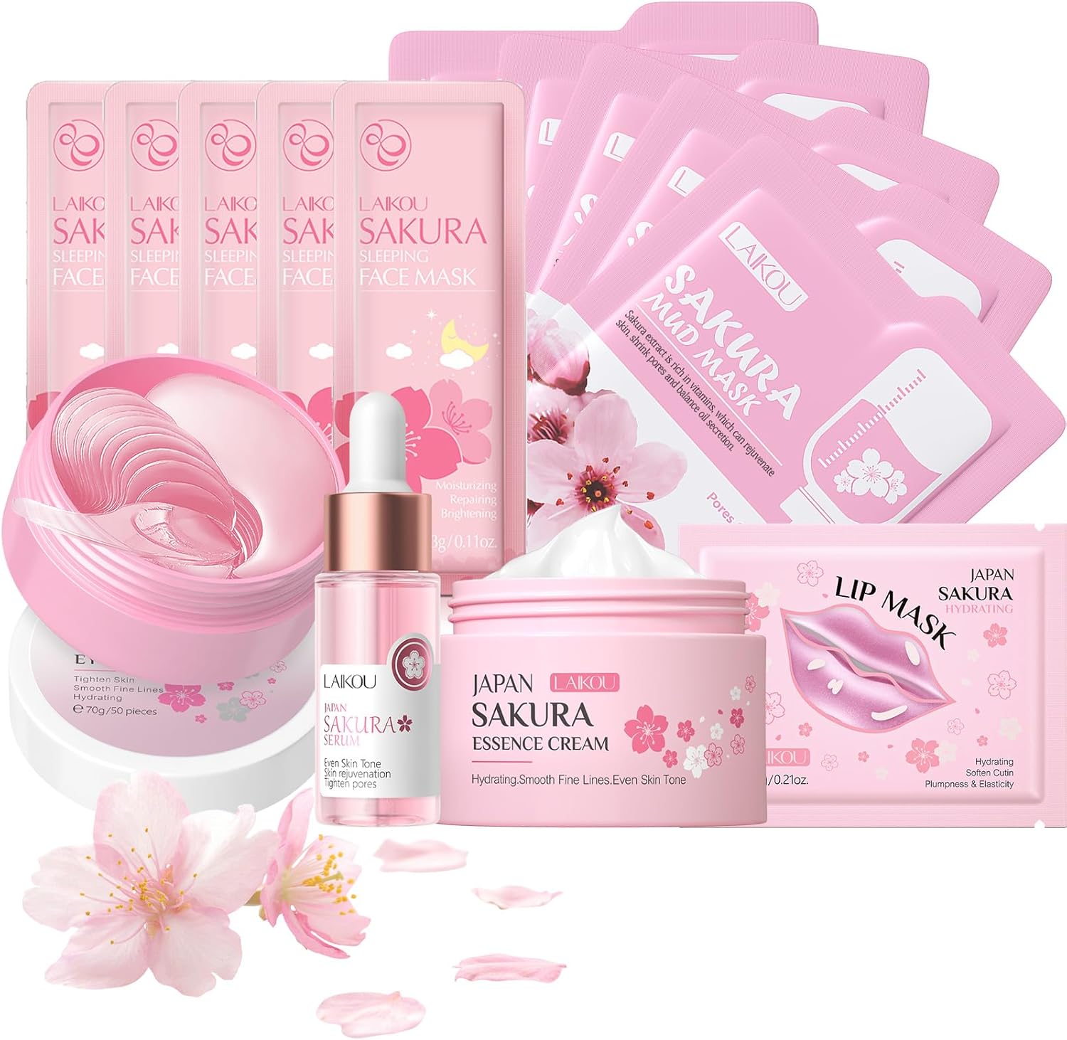 LAIKOU Skin Care for Teenage Girls, Sakura Skincare Set, Pamper Sets for Women Gifts, Facial Skin Care Sets & Kits – Face Serum, Face Cream, Sleep Mask, Eye Mask, Mud Mask, Lip Mask, 14PCS