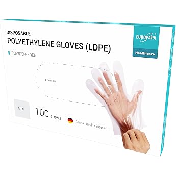 EUROPAPA Pack of 100 LDPE Disposable Gloves in Box Latex Free Powder-Free Gloves in Men's Size Men 100