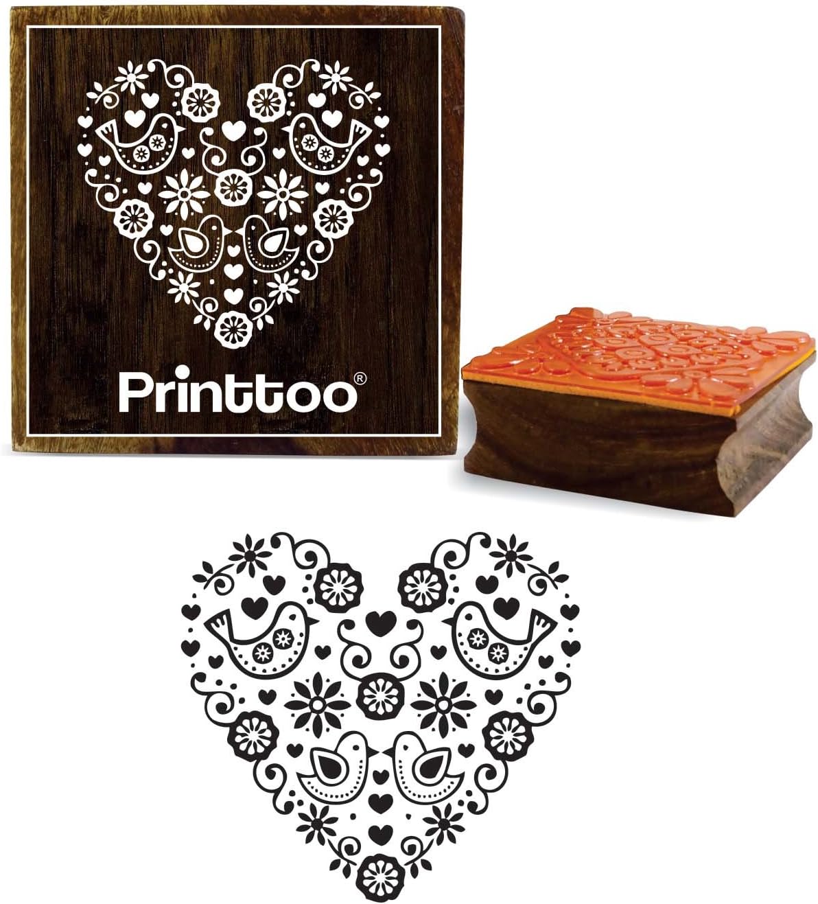 Printtoo Heart & Bird Pattern Brown Wooden Rubber Stamp Card Making Square Stamps-5 x 5 Inches