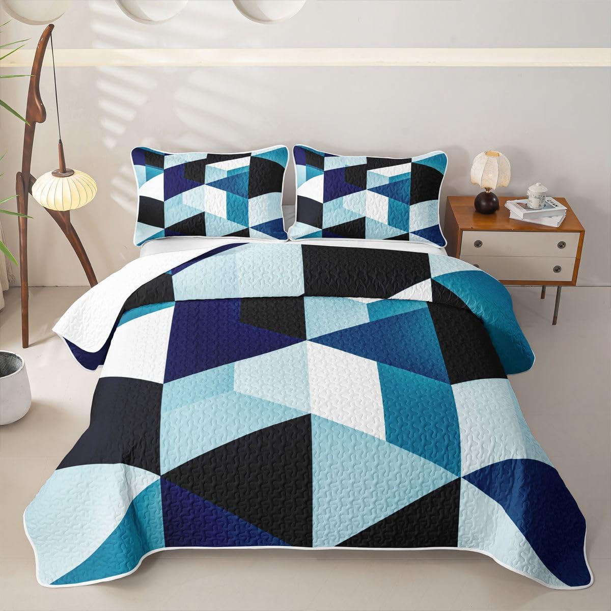 Feelyou Geometric Quilt Set King Size Triangle Comforter Set for Kids Boys Girls Abstract Bedspreads with 2 Pillowcases Bedding Lightweight