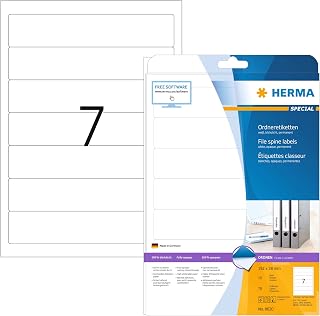HERMA 8620 Ordnerrücken Etiketten kurz schmal, 10 Blatt, 192 x 38 mm, 7 pro A4 Bogen, 70 Stück, selbstklebend, bedruckbar, blickdicht, blanko Papier Ordneretiketten Rückenschilder Aufkleber, weiß