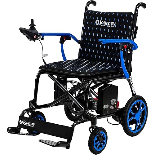 Journey Air Elite Electric Power Chair for Adults - Our Lightest Foldable Electric Wheelchair for Seniors, Weighs Only 26 lbs - Quick Charge with up to 9.3 Mile Range - TSA Compliant - Blue