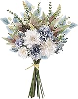 PUSUNYHOMEDECOR Blue White Silk Artificial Flowers Bouquet - Lifelike Faux Dahlia Arrangement for Wedding Bride Bouquets, Table Centerpieces, Rustic Home Decor (50cm, 13 Stems)