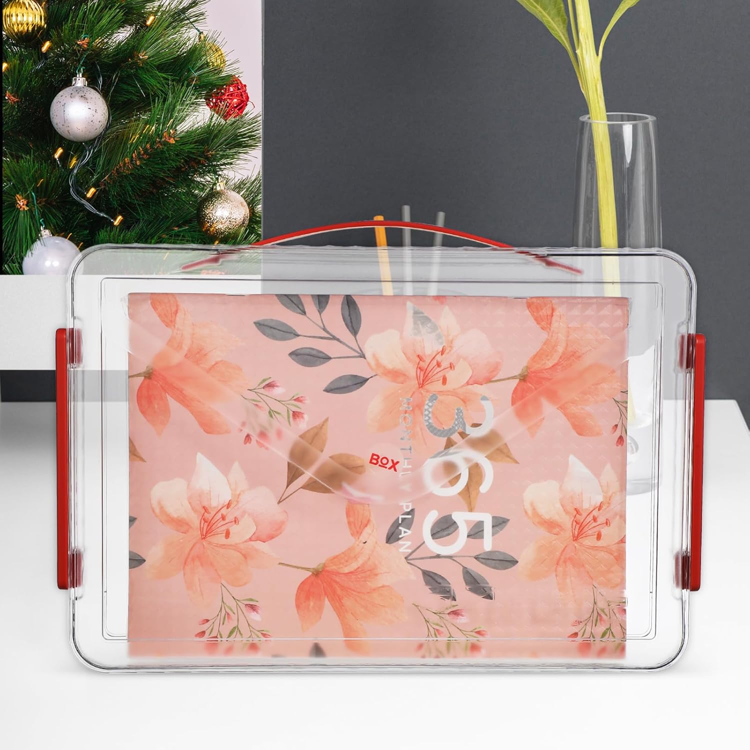 TEHAUX Clear Plastic Storage Boxes with Lids - 2 Pack Stackable File Organizer Bins for Documents, Photos, Scrapbooks Portable Project Case with Handle (14 x 9.4 x 1.37 Inches)