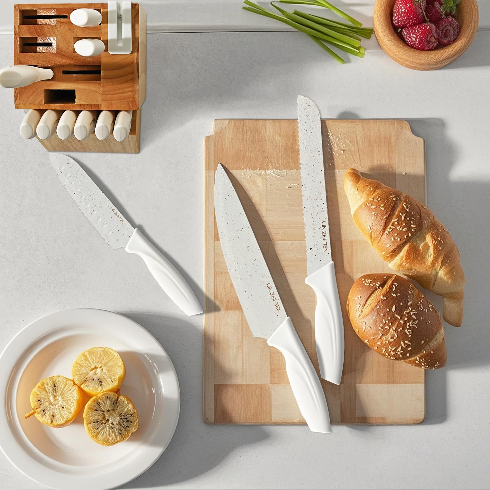 Juego de cuchillos con bloque, juego de 15 cuchillos de cocina, cuchillos de cocina para picar, cortar en rodajas, cortar en cubitos, aptos para lavavajillas, afilador incorporado