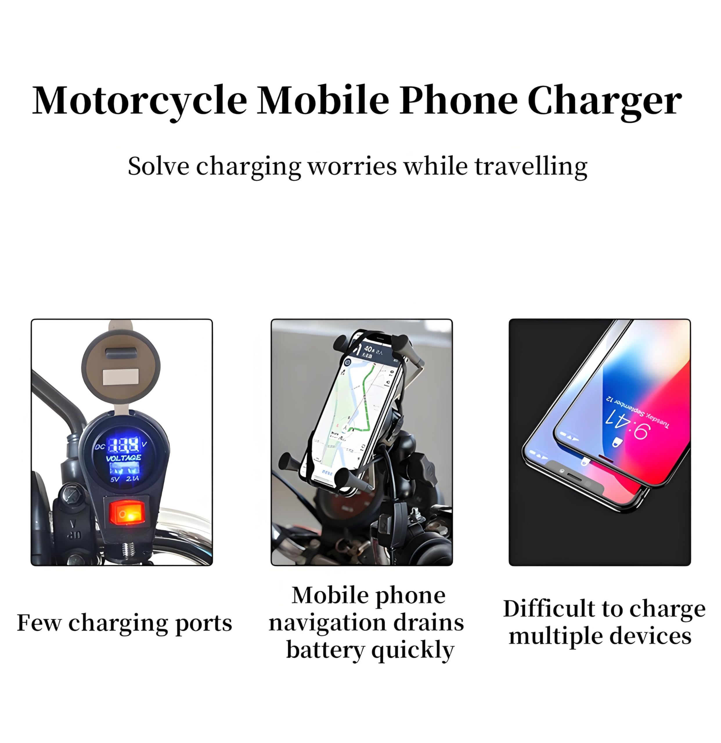 Dwupak 2-portowy port USB typu C, ładowarka motocyklowa, szybkie ładowanie z woltomierzem, do telefonu, wodoodporny, ATV, UTV, uchwyt na kierownicę łodzi, czerwony