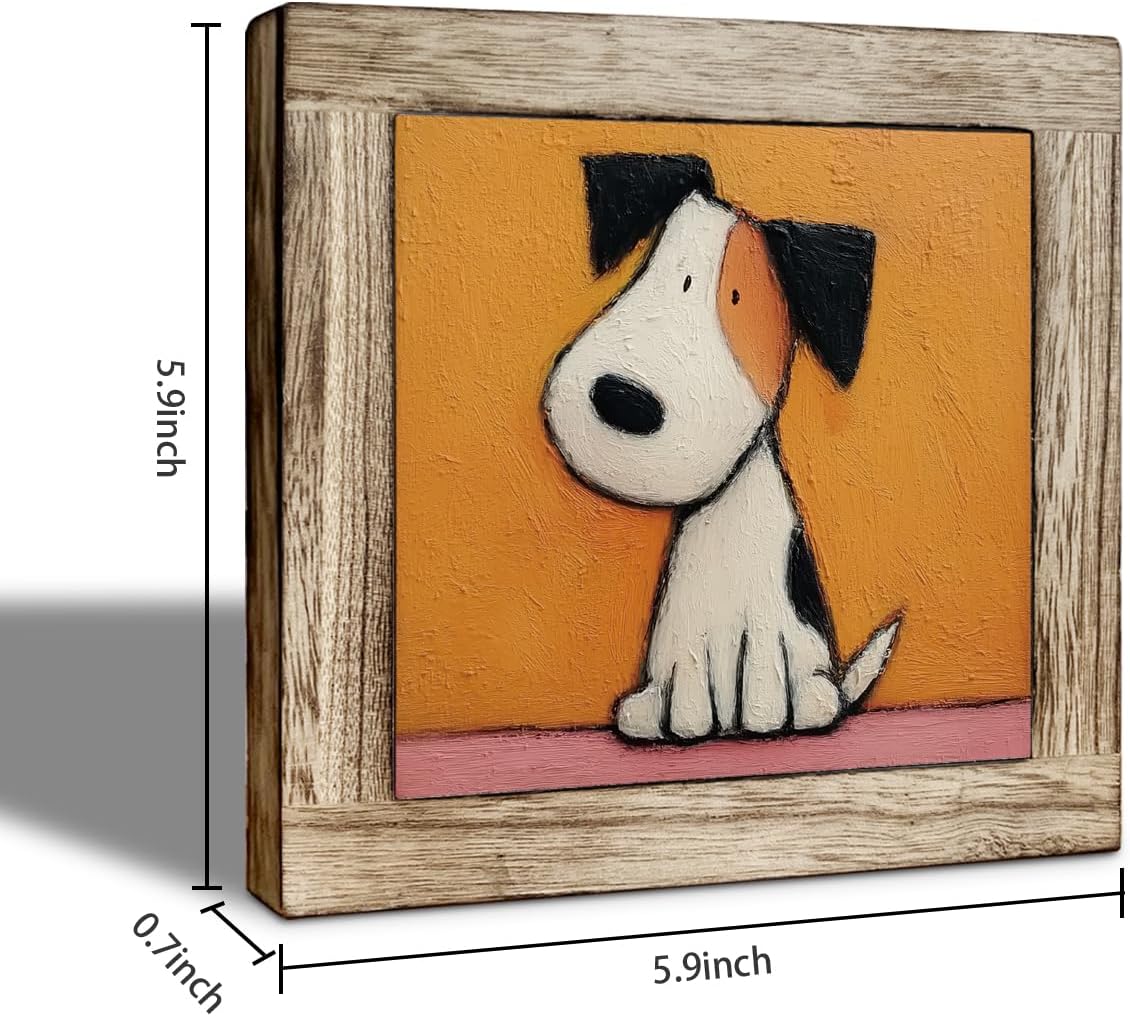 Cute Dog Desk Decor Wooden Box Sign, Curious Puppy Oil Painting Style Tabletop Plaque, Rustic Farmhouse Shelf Counter Accent, Funny Pet Lover Gift for Home Office image 2