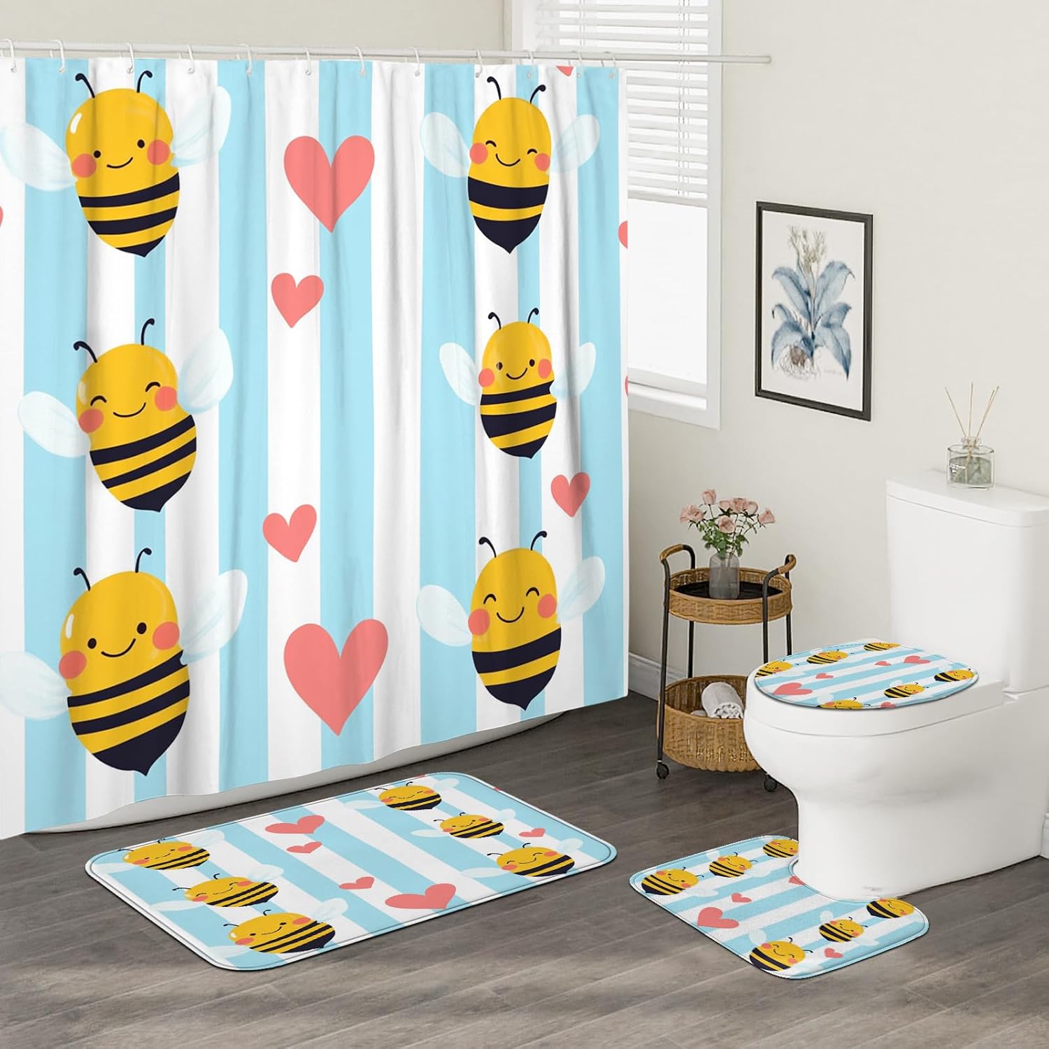 4PCS Fun Kids Bee Bathroom Accessory Sets with Non-Slip Rug, U Shape and Toilet Lid Cover Mat, Cute Cartoon Insect Bathroom Decorative-72''x72''