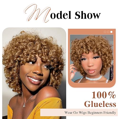 Miniatura 5 de Peluca rápida de cabello humano, peluca corta rizada estilo Bob para mujeres negras, sin encaje, peluca rizada grande con flequillo, pelucas